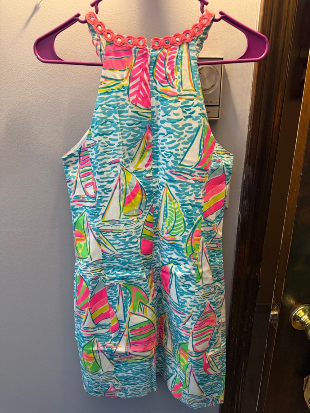 Lilly Pulitzer Aqua and Coral Trim Printed Shift Dress - Picture 3 of 3
